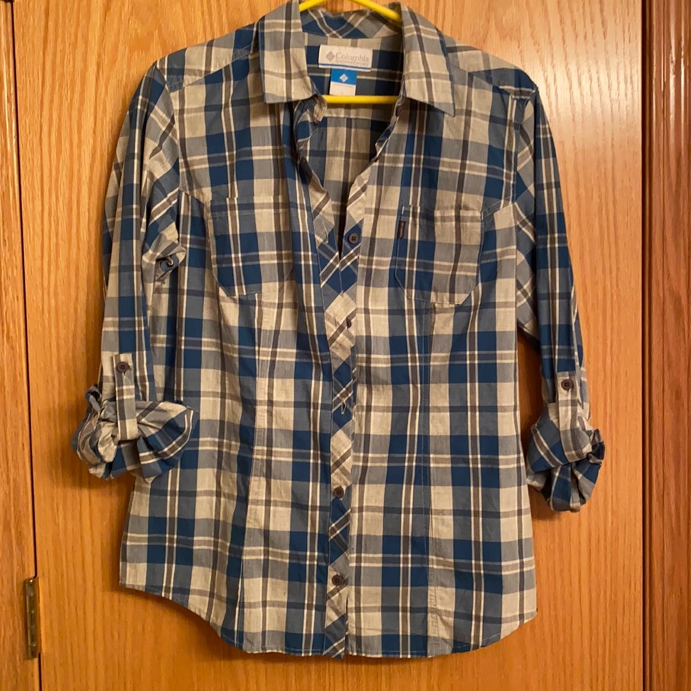 Columbia teal/white/grey plaid shirt. Size Large